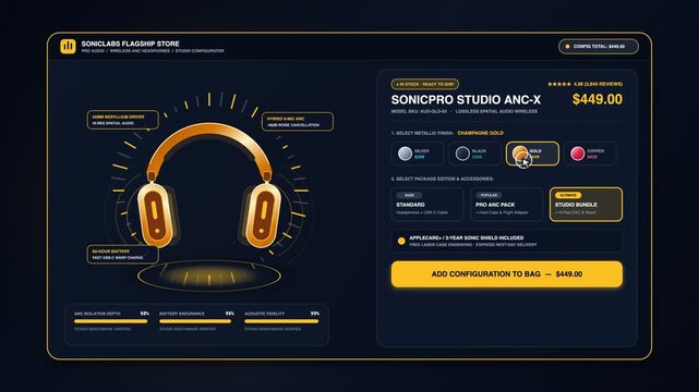 Online Audio Store User Interface Animation Featuring Luxury ANC Headphones and Color Customization