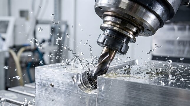 CNC milling machine drill bit processing a metal block with flying shavings and cooling fluid for precision manufacturing and industrial production concept