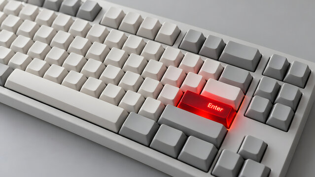 a minimalist white and gray keyboard featuring a glowing red enter key among blank keys