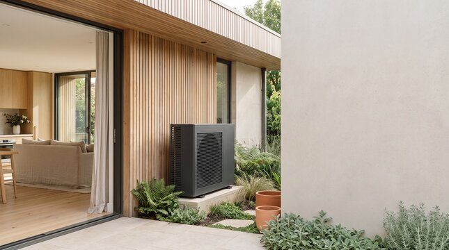 Heat Pump Outside Modern Home with Copy Space