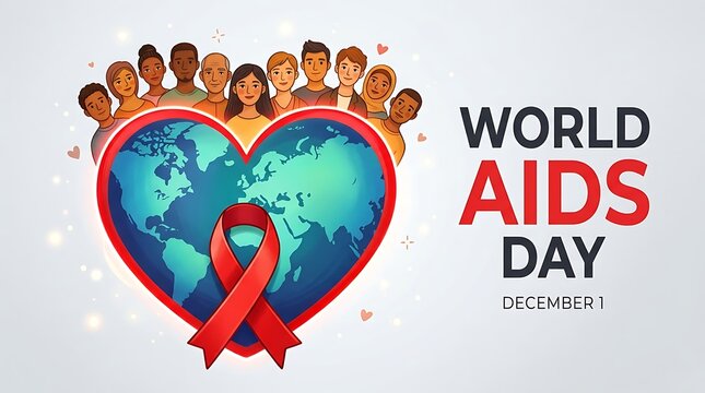 World aids day concept with diverse people and red ribbon illustration