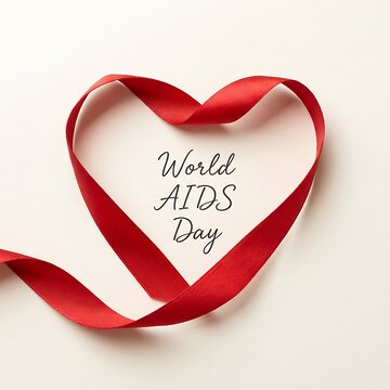 World aids day message formed by a red ribbon in heart shape