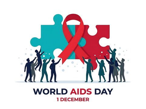 World aids day concept with people supporting a ribbon puzzle piece
