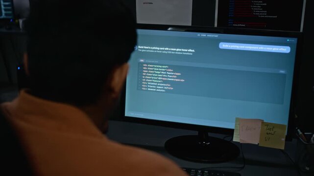Young adult male programmer generating code with assistant on computer monitor. Suitable for technology commercials, coding tutorials, corporate videos