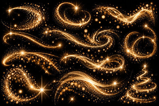 Golden sparkling light swirl collection on black