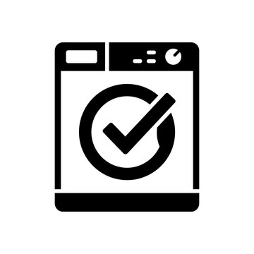 A black and white vector icon of a washing machine with a checkmark
