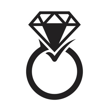 Simple black and white vector icon of a diamond ring with check mark