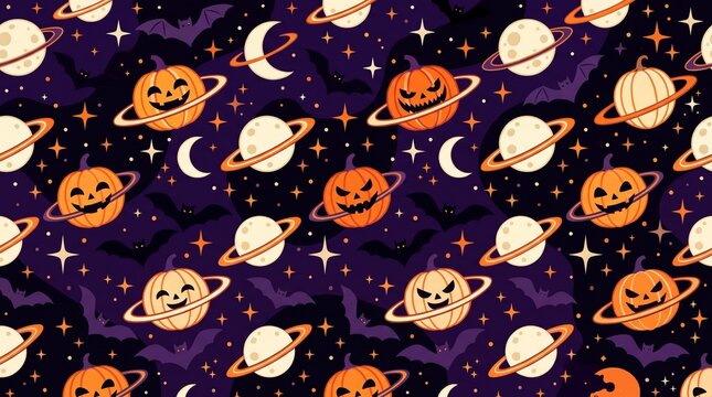 Seamless pattern with cute cartoon Halloween jack-o-lantern pumpkins, planets with rings, crescent moons, and flying bats on a dark purple starry space background.