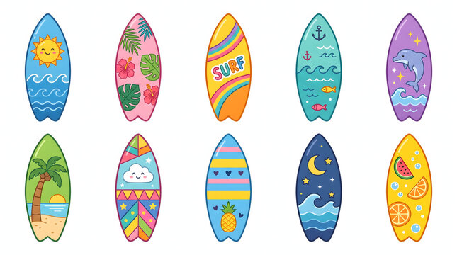 Set of colorful cute surfboard illustrations with tropical summer beach and ocean motifs.