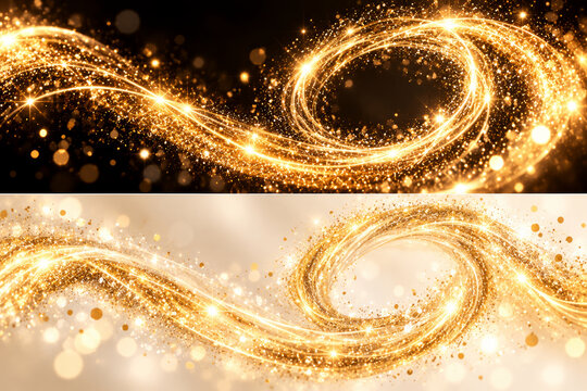 Golden sparkling light trails on contrasting backgrounds
