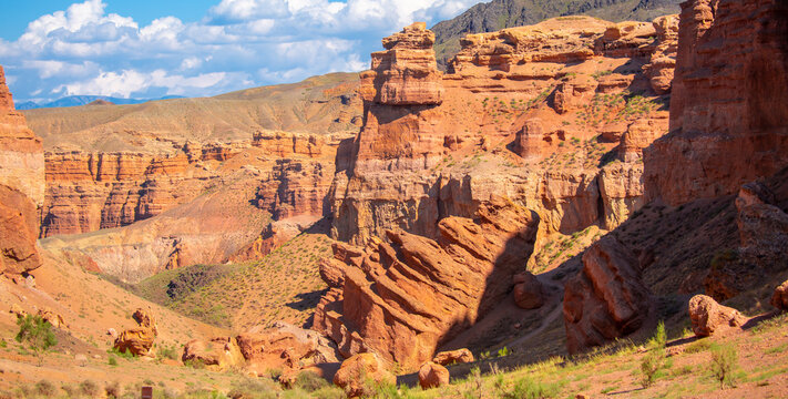 Charyn Canyon, Valley of Castles. The excellence of Kazakhstan. Panorama of natural unusual landscape. The red canyon of extraordinary beauty looks like a Martian landscape.