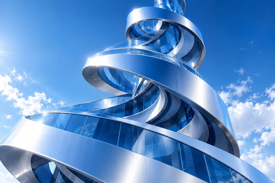 Glass tower wrapped in silver spiral bands