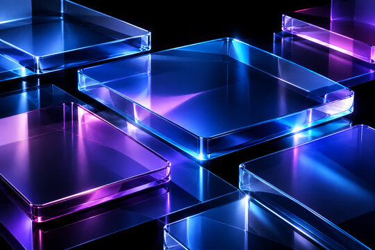 Glowing blue and violet floating glass platforms