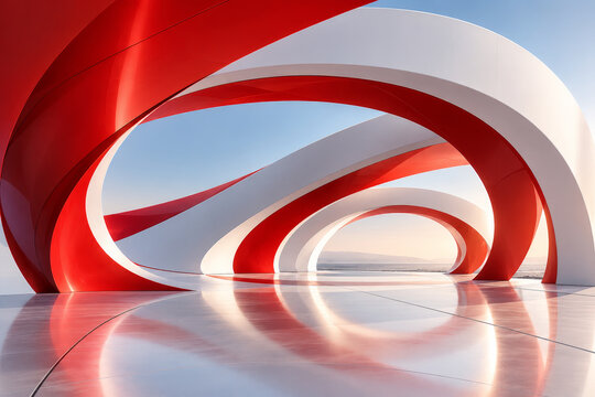 Sculptural red and white looping architectural arches