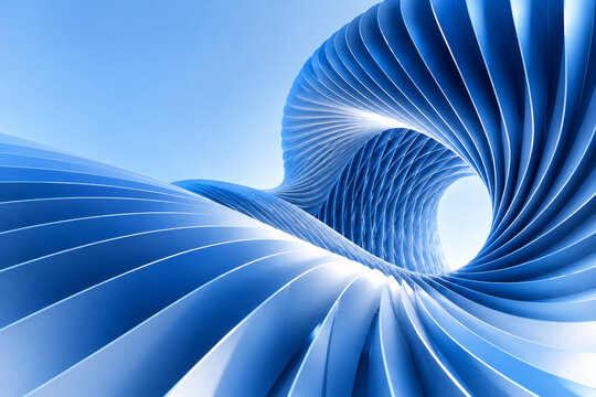 Curving blue ribbed architectural tunnel with skylight