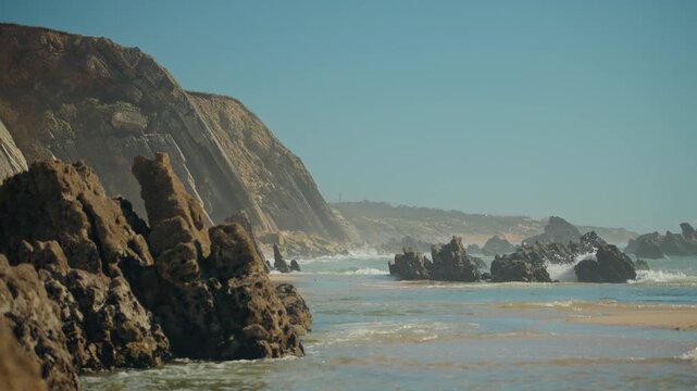 Rocky Portuguese coastline with cliffs and sea stacks