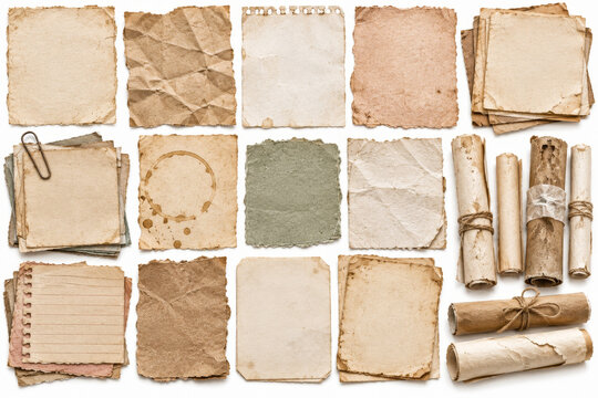 Aged blank paper scraps and scrolls collage