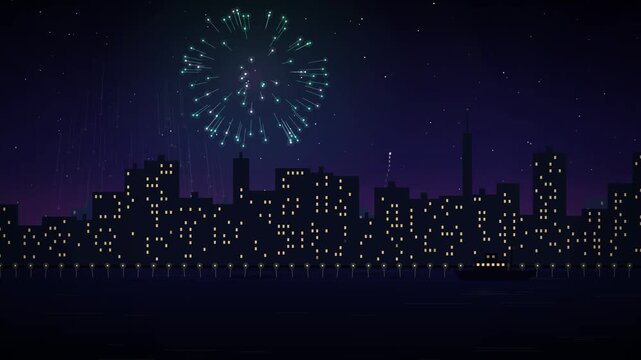 Stylized 2D illustration of a city skyline at night with exploding fireworks during a celebration