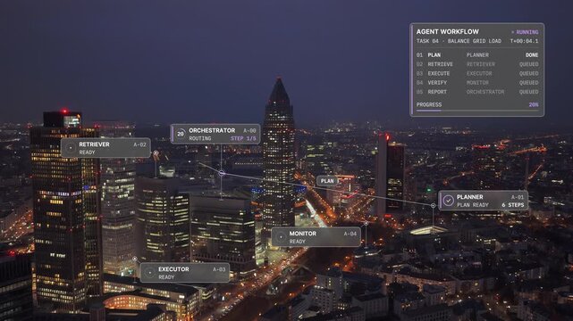 Static aerial view of Frankfurt at night: illuminated high rises, AI agent network overlay with agent nodes on rooftops, data handoffs and a task panel. Multi agent workflow concept visualization