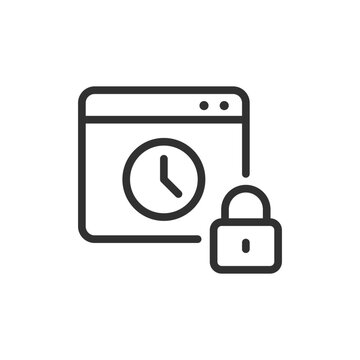 Browser window with clock and padlock, linear icon. Time-limited access, session expiration and secure website restrictions. Line with editable stroke.
