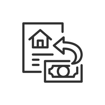 Property document with banknote and return arrow, linear icon. Rental security deposit refund, property deposit return and housing financial transactions. Line with editable stroke.