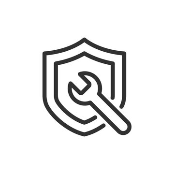 Shield with wrench, linear icon. Warranty repair, equipment protection and authorized maintenance service. Line with editable stroke.