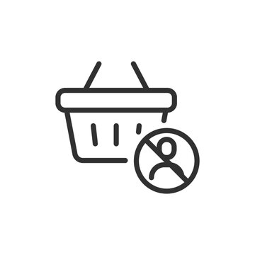 Shopping basket with crossed-out user, linear icon. Guest checkout, shopping without registration and anonymous purchasing. Line with editable stroke.