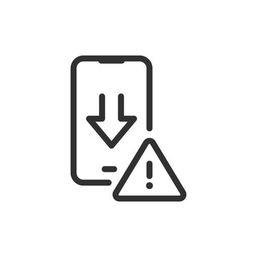 Smartphone with download arrow and warning sign, linear icon. Potentially dangerous download, file security warning and download risk. Line with editable stroke.