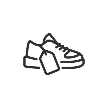Sneaker with price tag, linear icon. Footwear retail, shoe pricing and sports shoe shopping. Line with editable stroke.