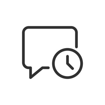 Speech bubble with clock, linear icon. Scheduled message, delayed sending and timed communication. Line with editable stroke.
