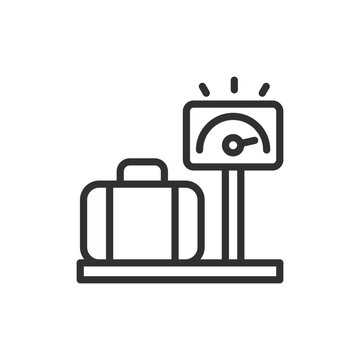 Suitcase on luggage scale with alert, linear icon. Excess baggage weight, overweight luggage and airline baggage restrictions. Line with editable stroke.