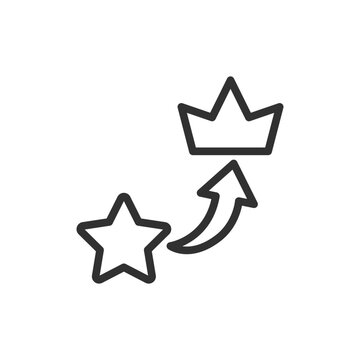 Star rising toward crown, linear icon. Status upgrade, premium promotion and advancement to elite rank. Line with editable stroke.