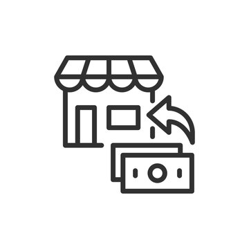 Storefront with banknote and return arrow, linear icon. Retail refund, purchase return and money-back transaction. Line with editable stroke.