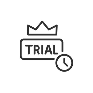 Trial badge with clock and crown, linear icon. Free trial, limited-time premium access and software evaluation period. Line with editable stroke.