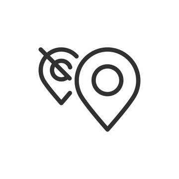 Two location pins with movement arrow, linear icon. Location change, address relocation and geographic position transfer. Line with editable stroke.