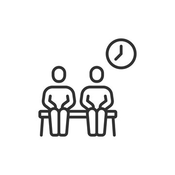 Two people sitting with clock, linear icon. Waiting room, appointment delay and patient waiting time. Line with editable stroke.