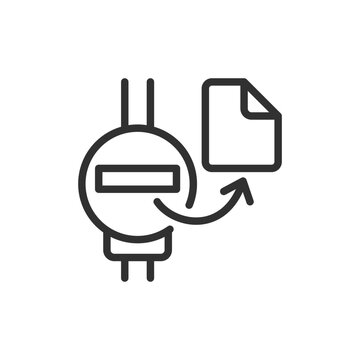 Utility meter with document and transfer arrow, linear icon. Meter reading submission, utility consumption reporting and billing data transfer. Line with editable stroke.