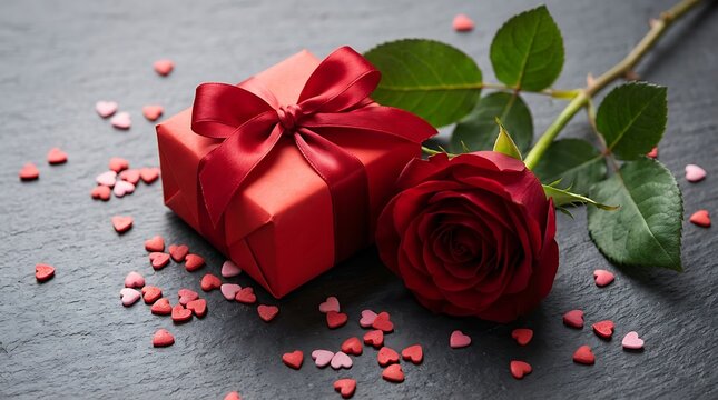 Red gift box with a silk bow and a fresh rose on a dark textured background for valentines day