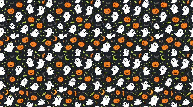 Cute Halloween seamless pattern with friendly ghosts, jack o lanterns, pumpkins, bats, and candy on a dark background for festive party decor and holiday wrapping paper