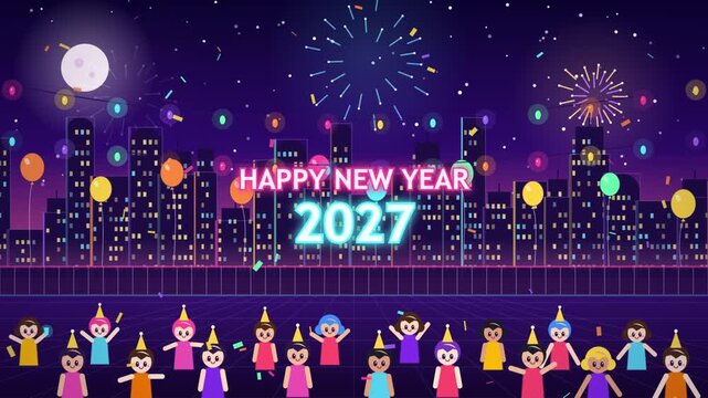 Crowd of people wearing party hats celebrates the new year 2027 under a night sky with fireworks and city skyline.