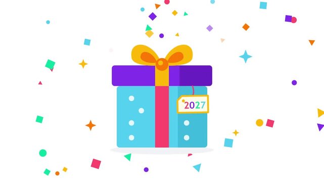 Gift box illustration decorated with colorful confetti falling against a clean white background for seasonal greetings.