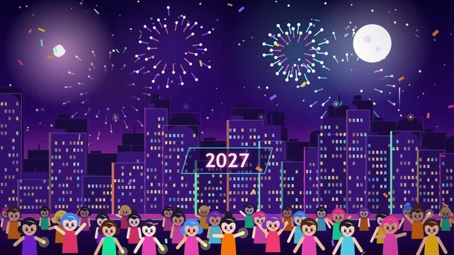 New year celebration in the city features colorful fireworks lighting up the night sky above buildings with cheering crowds.