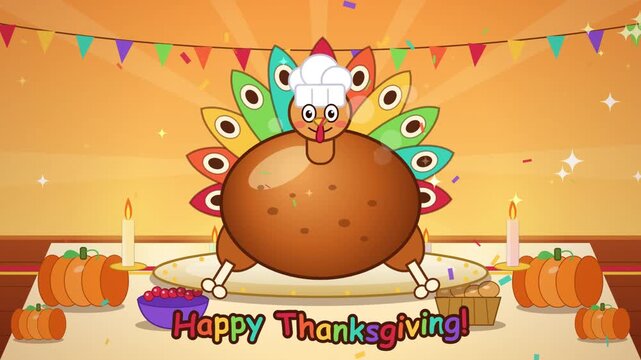 Thanksgiving dinner table set with a cooked turkey wearing a chef hat and surrounded by autumn decorations.