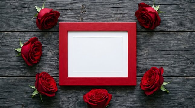 Empty red photo frame surrounded by beautiful red roses on a rustic dark wooden background