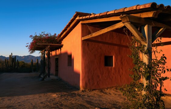Terracotta adobe house with a wooden pergola in Latin America