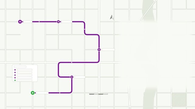 Seamless 4K looping map animation: route stops appearing sequence map. Clean flat vector city map with street grid, blocks and blank labels in purple and violet on a light background, leaving copy spa