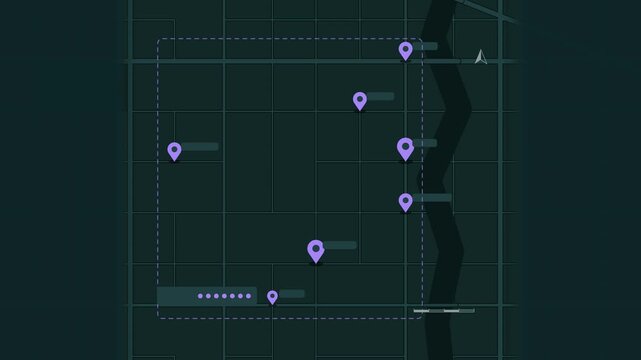 Seamless 4K looping map animation: pins appearing across district map. Clean flat vector city map with street grid, blocks and blank labels in teal and cyan on a dark background, leaving copy space fo