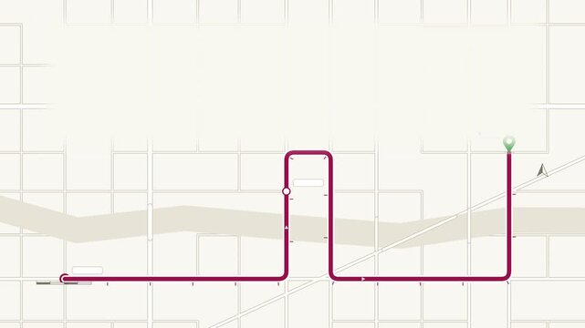 Seamless 4K looping map animation: city route line drawing map. Clean flat vector city map with street grid, blocks and blank labels in purple and violet on a light background, leaving copy space for 