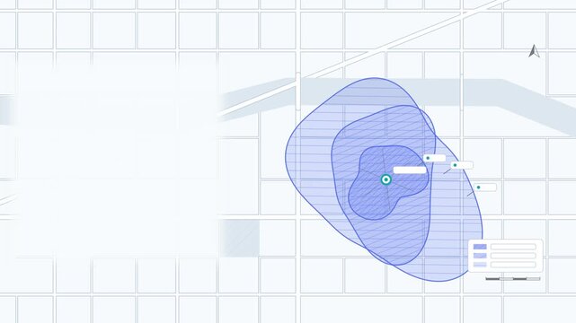 Animated travel time zones appearing outward drawn as a minimal vector city map in blue and azure on a light background. Smooth 4K seamless loop with blank markers and room for your own captions. Wide