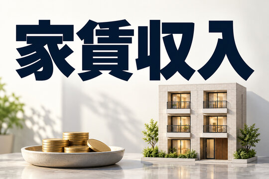 家賃収入の文字と集合住宅の模型や器に入った硬貨